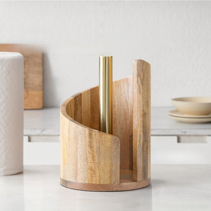 Mountain Paper Towel Holder Countertop with Mango Wood Round Base and Iron Holder